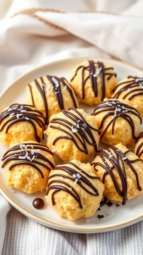 Chewy Coconut Macaroons with Dark Chocolate Drizzle Coconut macaroons topped with dark chocolate drizzle on a plate with shredded coconut garnish.